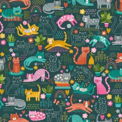 Whiskers Purrfect Pals Teal 007/T | Quilting Fabric | Makower