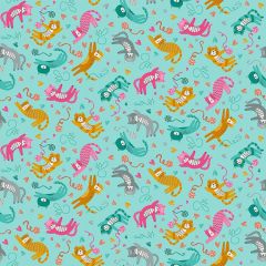 Whiskers Playful Cats Teal 008/T | Quilting Fabric | Makower