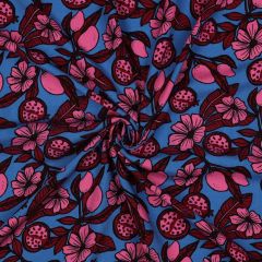 Viscose Pomegranate Fruit Flower Foliage Pink on Blue | Dressmaking Fabric