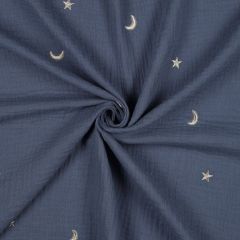 Double Gauze: Embroidery Stars and Moons Jeans Blue | Dressmaking Fabric: Bolt End