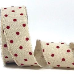 Red Velvet Polka Dots on Linen Ribbon: 38mm