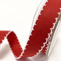 Red Felt Ribbon with White Scalloped Edge: 25mm