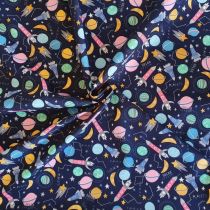 Cotton Poplin: Rockets and Planets: Navy Blue | Dressmaking Fabric